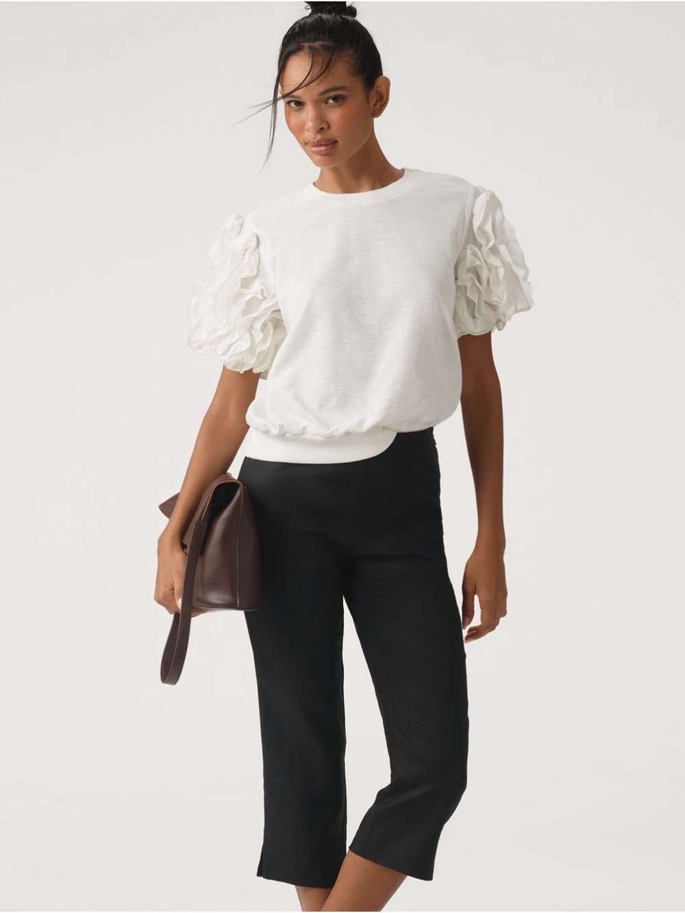 Maeve by Anthropologie White Puff-Sleeve Ruffle Sweatshirt